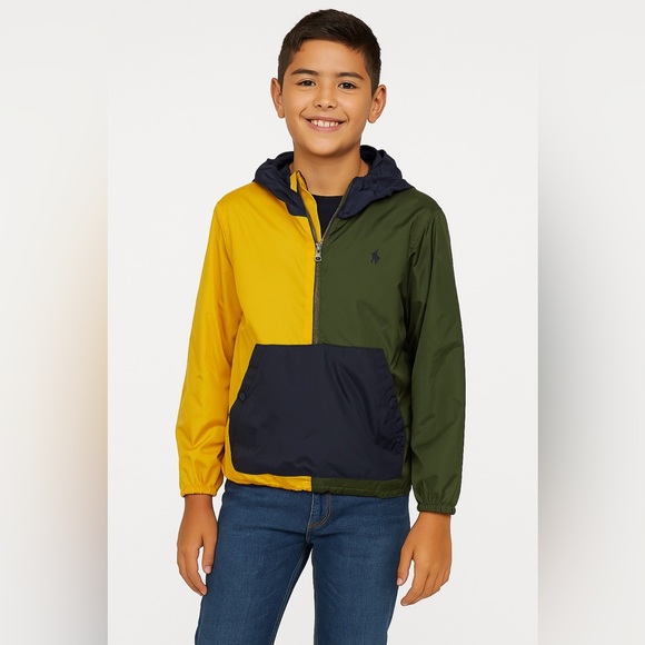 Boys Polo Ralph Lauren Colorblock Windbreaker Jacket M Yellow Green Navy - Picture 1 of 6